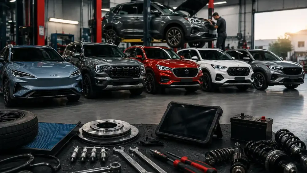 Chinese car service in Abu Dhabi with BYD, Jetour, MG, Chery and Geely vehicles undergoing maintenance in a professional workshop