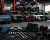 Chinese car service in Abu Dhabi with BYD, Jetour, MG, Chery and Geely vehicles undergoing maintenance in a professional workshop