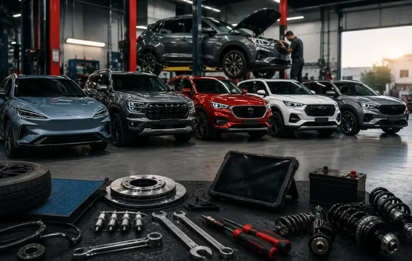 Chinese car service in Abu Dhabi with BYD, Jetour, MG, Chery and Geely vehicles undergoing maintenance in a professional workshop