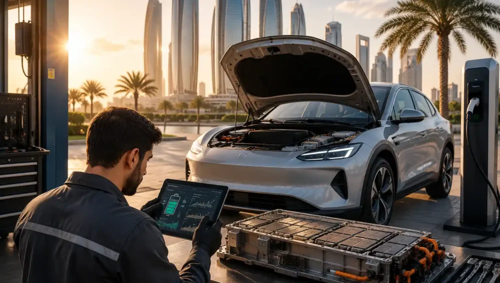 EV battery health and maintenance in UAE heat showing electric vehicle battery diagnostics, charging station, and professional inspection