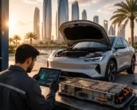 EV battery health and maintenance in UAE heat showing electric vehicle battery diagnostics, charging station, and professional inspection