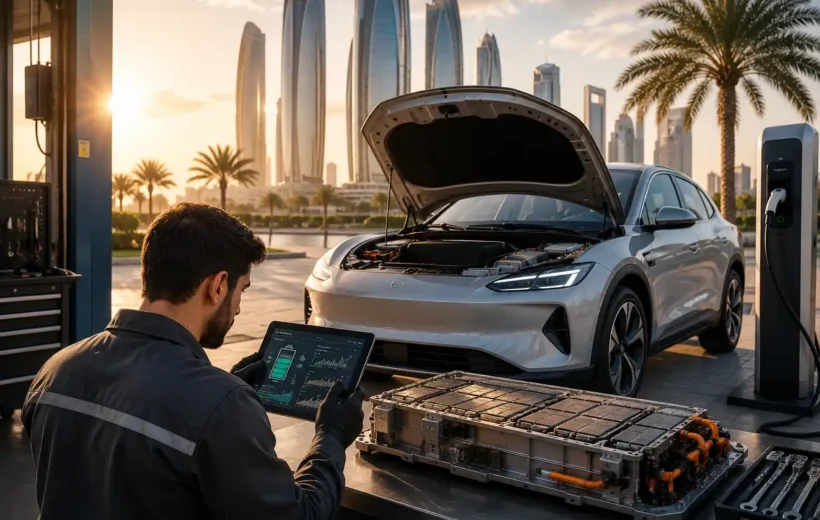 EV battery health and maintenance in UAE heat showing electric vehicle battery diagnostics, charging station, and professional inspection